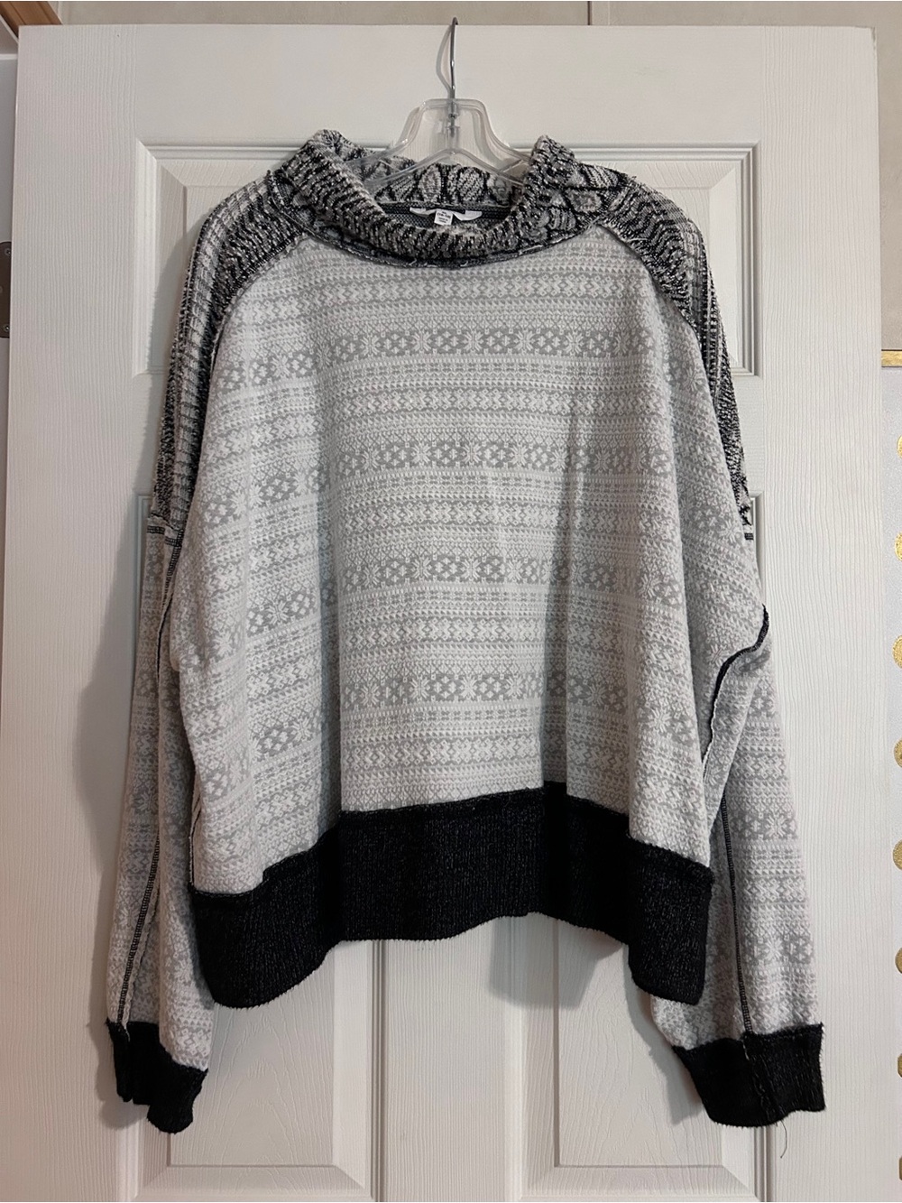 Time and Tru Gray and Black Patterned Cowl-Neck Sweater